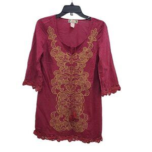 Flying Tomato Women's Burgundy Boho Gold Embroidered Swiss Dot Mini Dress Size S